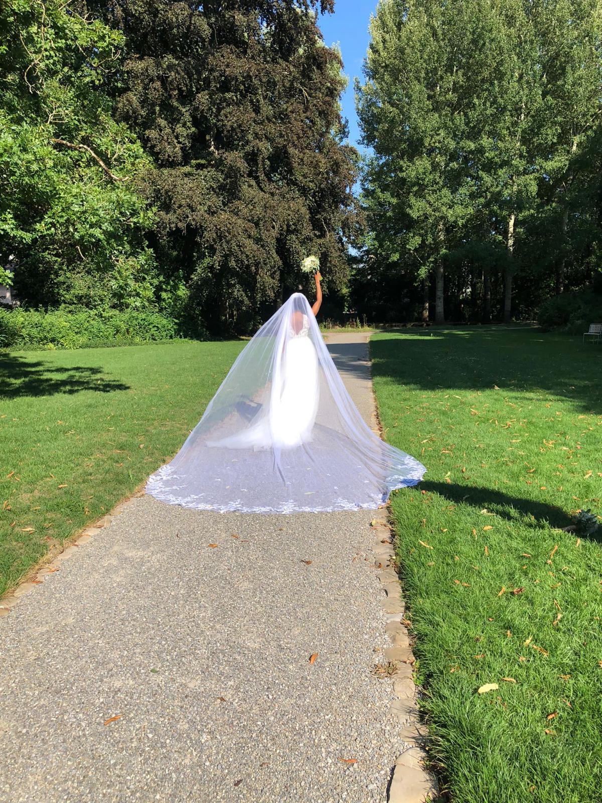Braut mit langem Schleier im Park